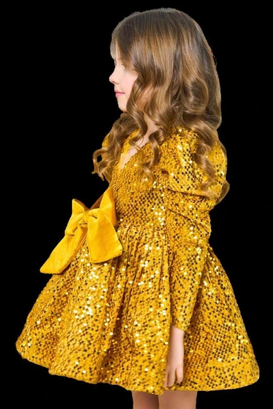 Kız Çocuk V Yaka Üzeri Pulpayet İşlemeli Eteği Kabarık Kadife Gold Abiye - Resim 5