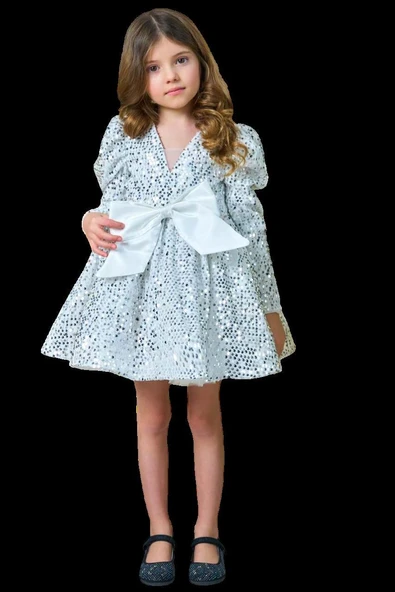 Kız Çocuk V Yaka Üzeri Pulpayet İşlemeli Eteği Kabarık Kadife Beyaz Abiye - Resim 4