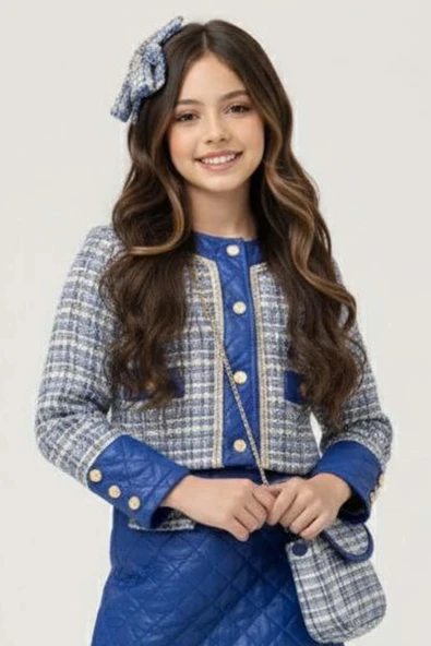 Kız Çocuk Kapitone ve Altın Şerit Detaylı Şanel Mavi Etekli Takım - Resim 6