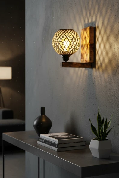 Celestia Yukarı Yönlü Ahşap Aplik Jüt İp Başlıklı Rustik Duvar Lambası Salon Yatak Odası Dekoratif Aydınlatma - Resim 4