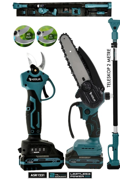 Assur 3'lü Set 21V Çift Akülü Şarjlı Teleskopik Kollu Bağ Makası & Budama Testeresi ürün görseli 1