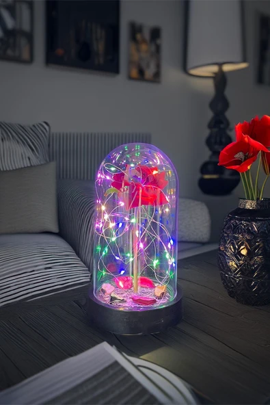 Celestia Anneler Gününe Özel Kırmızı Gül Rgb Fanus Lamba Usb'li Yapay Çiçek Dekoratif Aydınlatma Hediyelik - Resim 2