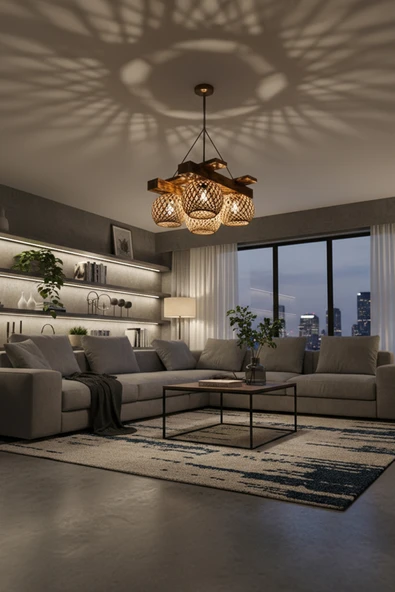 Celestia Rustik Ahşap Avize 4’lü Jüt Halat İp Sarkıt Lamba Salon Mutfak Tavan Aydınlatma Dekoratif Tasarım - Resim 2