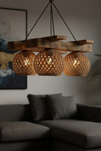 Celestia Rustik Ahşap Avize 4’lü Jüt Halat İp Sarkıt Lamba Salon Mutfak Tavan Aydınlatma Dekoratif Tasarım - Resim 5