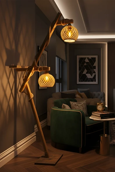 Celestia Rustik Ahşap Lambader – El Yapımı Jüt Halatlı, Sıcak Işıklı Dekoratif Yer Lambası - Resim 2