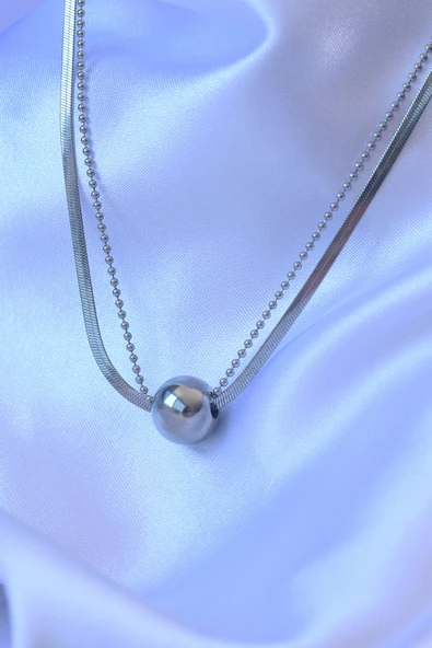 316L Çelik Çift Zincirli Gümüş Renk Topçuk İtalyan Model Kolye - TJ-BKO8877 - Resim 2