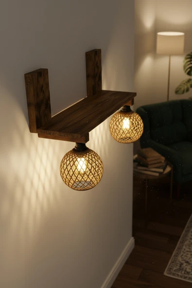 Celestia 2'li Raflı Ahşap Aplik Jüt İp Başucu Lambası Kitaplık Duvar Rafı Rustik Salon Dekorasyon - Resim 3
