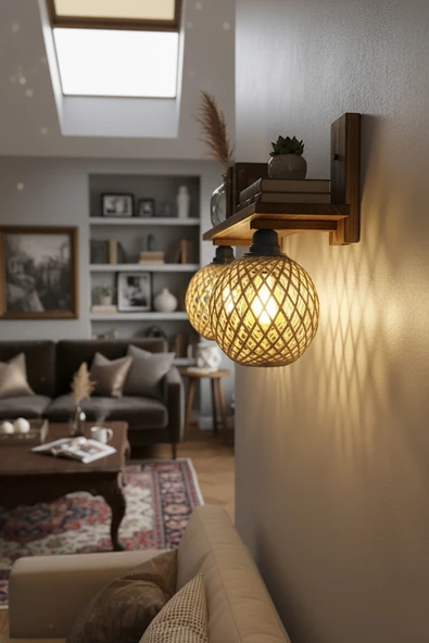 Celestia 2'li Raflı Ahşap Aplik Jüt İp Başucu Lambası Kitaplık Duvar Rafı Rustik Salon Dekorasyon - Resim 4