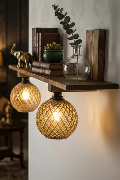 Celestia 2'li Raflı Ahşap Aplik Jüt İp Başucu Lambası Kitaplık Duvar Rafı Rustik Salon Dekorasyon ürün görseli 1
