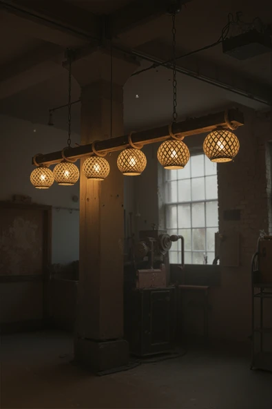 Celestia Rustik 6’lı Doğal Eskitilme Ahşap Avize El Yapımı Jüt Modern Lamba Sarkıt İskandinav Aydınlatma - Resim 5