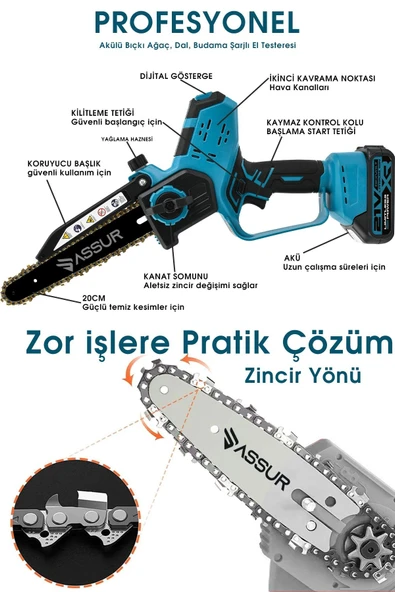 Assur 21V Çift Akü Otomatik Yağlamalı El Testeresi Ağaç Odun Dal Kesme Budama Dijital Gösterge - Resim 2
