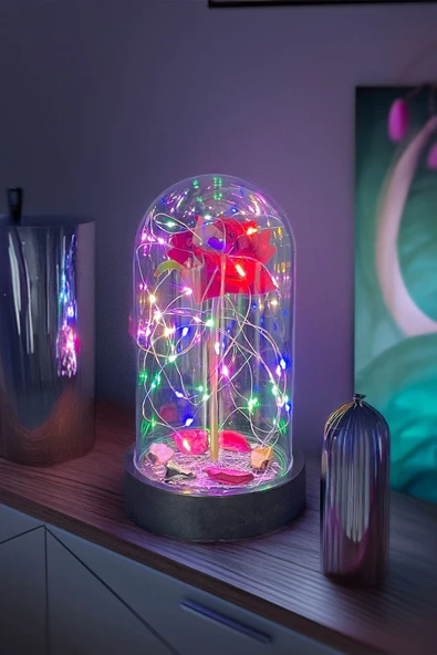 Celestia Anneler Gününe Özel Kırmızı Gül Rgb Fanus Lamba Usb'li Yapay Çiçek Dekoratif Aydınlatma Hediyelik ürün görseli 1