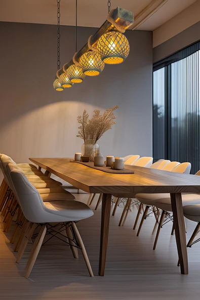 Celestia Rustik 5’li Doğal Eskitilme Ahşap Avize El Yapımı Jüt Modern Lamba Sarkıt İskandinav Aydınlatma - Resim 2