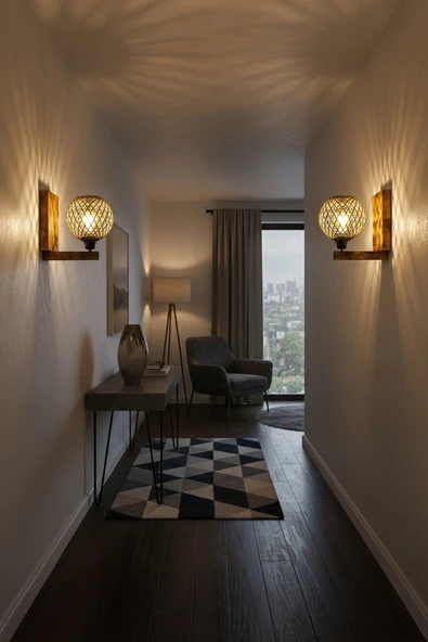 Celestia Yukarı Yönlü Ahşap Aplik Jüt İp Başlıklı Rustik Duvar Lambası Salon Yatak Odası Dekoratif Aydınlatma - Resim 2