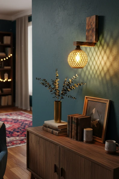 Celestia Rustik Ahşap Aplik Jüt İp Başlıklı Duvar Lambası Bohem Salon Yatak Odası Dekoratif Aydınlatma ürün görseli 1