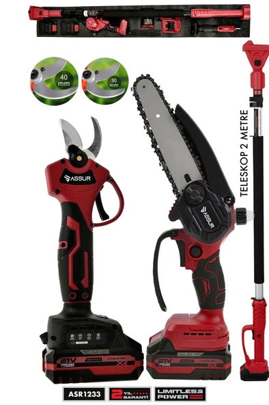 Assur Profesyonel 3'lü Set 21V Çift Akülü Teleskopik Kollu Bağ Makası & Budama Testeresi ürün görseli 1
