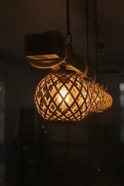 Celestia Rustik 6’lı Doğal Eskitilme Ahşap Avize El Yapımı Jüt Modern Lamba Sarkıt İskandinav Aydınlatma ürün görseli 1