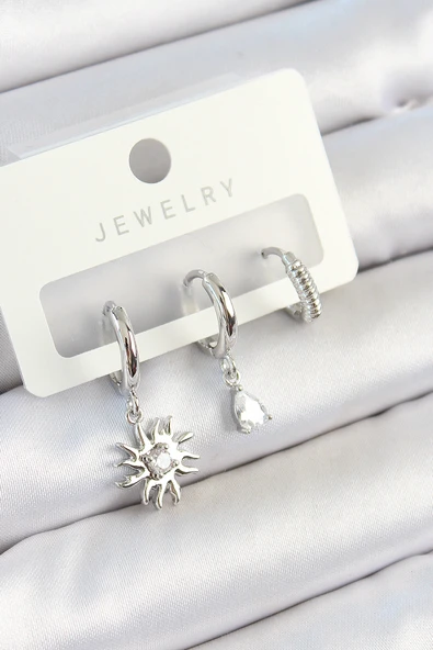 Pirinç Zirkon Taşlı Güneş Model Gümüş Renk 3'lü Çift Kadın Küpe Set - TJ-BKP10799 - Resim 2