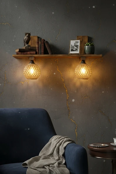 Celestia 2'li Raflı Ahşap Aplik Jüt İp Başucu Lambası Kitaplık Duvar Rafı Rustik Salon Dekorasyon - Resim 2