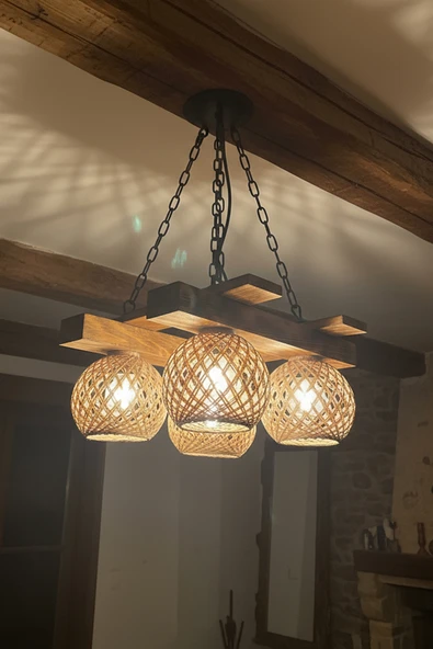 Celestia Rustik Ahşap Avize 4’lü Jüt Halat İp Sarkıt Lamba Salon Mutfak Tavan Aydınlatma Dekoratif Tasarım - Resim 4