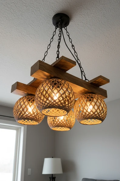 Celestia Rustik Ahşap Avize 4’lü Jüt Halat İp Sarkıt Lamba Salon Mutfak Tavan Aydınlatma Dekoratif Tasarım ürün görseli 1