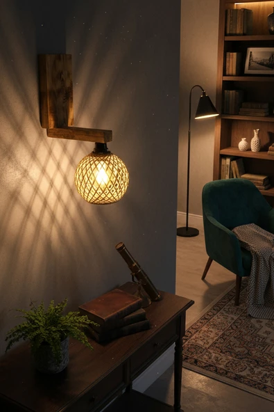 Celestia Rustik Ahşap Aplik Jüt İp Başlıklı Duvar Lambası Bohem Salon Yatak Odası Dekoratif Aydınlatma - Resim 3