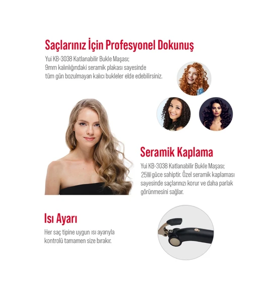 Yui KB3038 Afro Dalga 9 MM Seramik Plaka Katlanabilir Kıvırcık Saç Şekillendirici Maşa Siyah - Resim 4