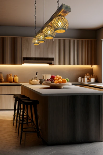 Celestia Rustik 4’lü Doğal Eskitilme Ahşap Avize El Yapımı Jüt Modern Lamba Sarkıt İskandinav Aydınlatma ürün görseli 1