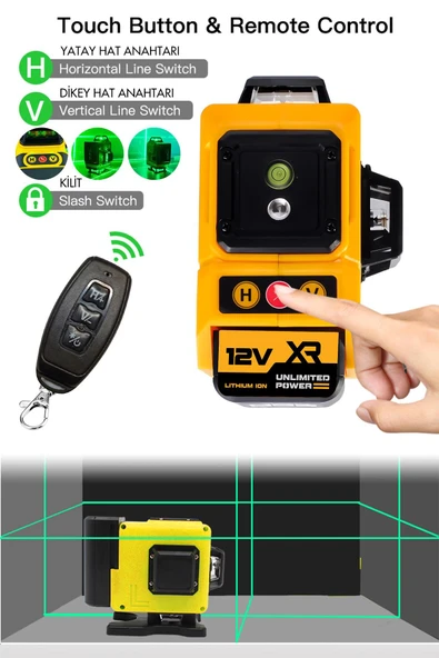 Assur Profesyonel 360° 12 Köşe Otomatik Hizalamalı Yeşil Çizgili Su Terazili Lazer Metre Hizalama - Resim 2