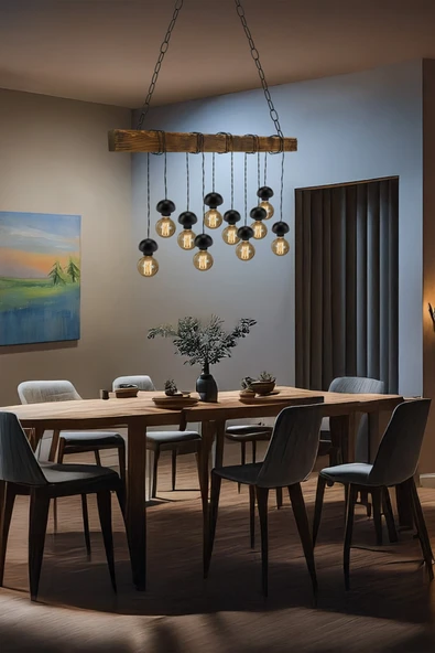 Celestia 10'lu Rustik Masif Ahşap Avize El Yapımı Bohem Eskitilme Ahşap Tasarım İskandinav Dekor Lamba Sarkıt ürün görseli 1