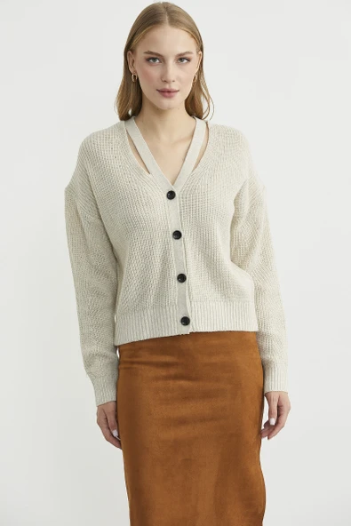 Yaka Detaylı Düğmeli Triko Hırka - Taş ürün görseli