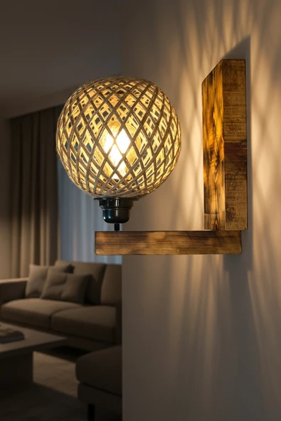 Celestia Yukarı Yönlü Ahşap Aplik Jüt İp Başlıklı Rustik Duvar Lambası Salon Yatak Odası Dekoratif Aydınlatma ürün görseli 1