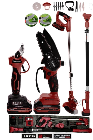 Assur Profesyonel 4'lü Set 21V Teleskopik Bağ Makası & Budama Testeresi & Çim Biçme Makinesi ürün görseli 1