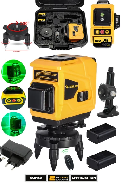 Assur Profesyonel 360° 12 Köşe Otomatik Hizalamalı Yeşil Çizgili Su Terazili Lazer Metre Hizalama ürün görseli 1