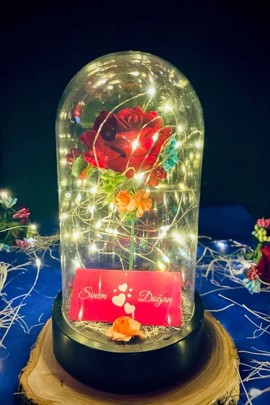 Celestia Anneler Gününe Özel Kırmızı Gül Rgb Fanus Lamba Usb'li Yapay Çiçek Dekoratif Aydınlatma Hediyelik - Resim 5