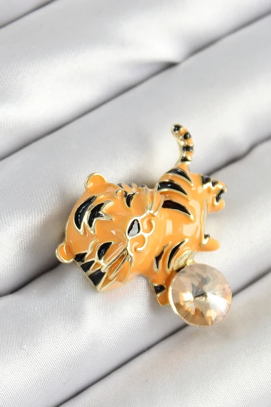 Zirkon Taşlı Siyah Çizgili Turuncu Kaplan Figürlü Gold Renk Kadın Broş - TJ-BR455 - Resim 2