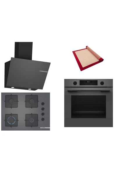 Bosch Gri 3 lü Ankastre Set (HUA717BN0T-POP7C9P30O-DWK66PJ70T ) Buhar Destekli - Pişirme Matı ile ürün görseli