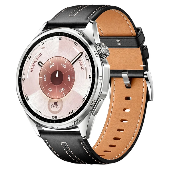 Sneezy Huawei Watch GT6 46mm İle Uyumlu Dikiş Desenli Deri Metal Tokalı Akıllı Saat Kordonu  Siyah ürün görseli
