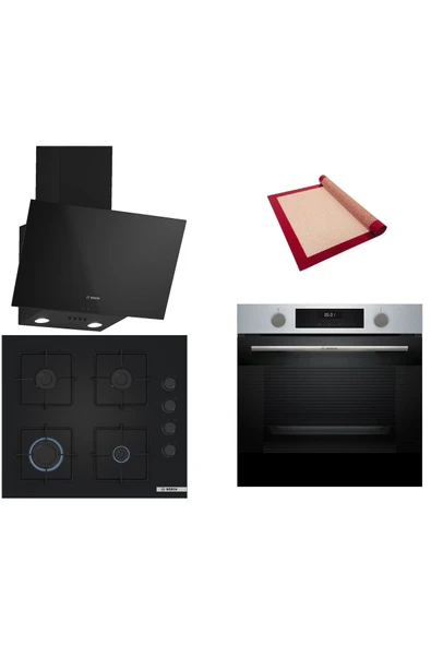 Bosch Siyah 3 lü Ankastre Set (HUA717BR0T-POP6C6P30O-DWK63PJ60T(61T) )-Buhar Destekli-Fırın Matı ile ürün görseli