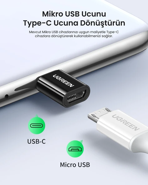 UGREEN Micro USB to Type-C Dönüştürücü Adaptörü, Siyah, 30391 - Resim 3