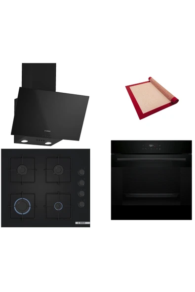 Bosch Siyah 3 lü Ankastre Set (HJG852YB0T-POP6C6P30O-DWK63PJ60T(61T)) -3D Fry - Fırın Matı ile ürün görseli