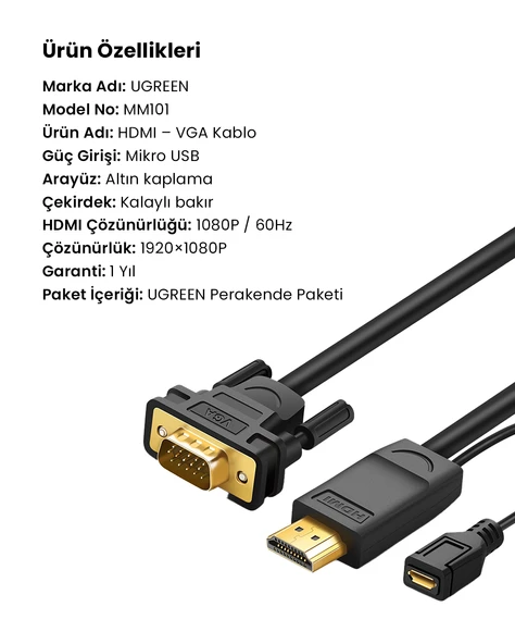 UGREEN HDMI to VGA Dönüştürücü Kablo 1.5m, 30449 - Resim 9