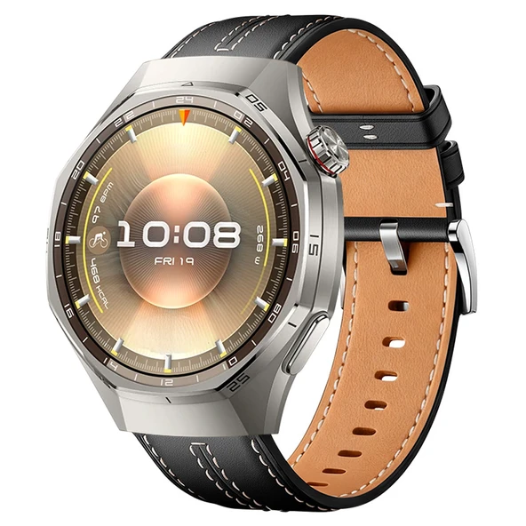 Sneezy Huawei Watch GT6 Pro 46mm İle Uyumlu Dikiş Desenli Deri Metal Tokalı Akıllı Saat Kordonu  Siyah ürün görseli