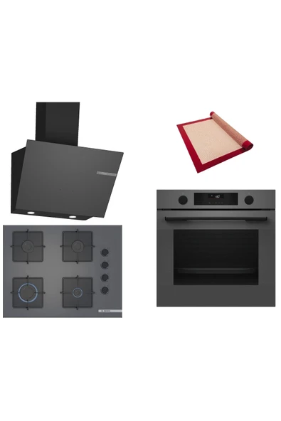 Bosch Gri 3 lü Ankastre Set (HUA736EN0T-POP7C9P30O-DWK66PJ70T) Buhar Destekli - Pişirme Matı ile ürün görseli