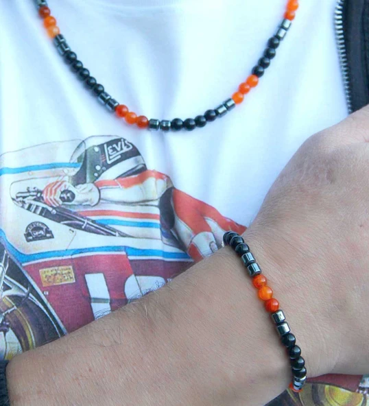 Doğal Taş Erkek Akik Oniks Hematit Doğal Taş Kolye Bileklik Set eus1aho ürün görseli