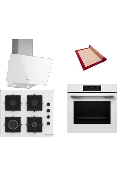 Bosch Beyaz 3 lü Ankastre Set (HJG852YW0T-POP6C2P30O-DWK63PJ20T ) -3D Fry - Fırın Matı ile ürün görseli