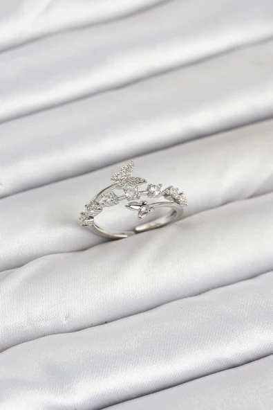 Pirinç Gümüş Renk Zirkon Taşlı Kelebek Model Kadın Yüzük - TJ-BYK3851 - Resim 2