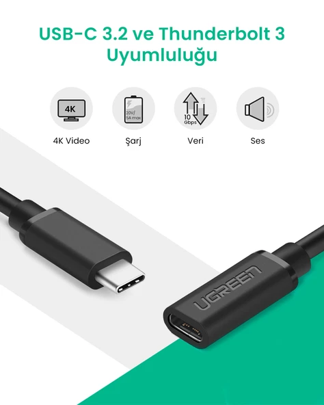 UGREEN MT01925 Thunderbolt 3 Type-C Erkek to Type-C Dişi Uzatma Kablosu 50 cm, 40574 - Resim 8