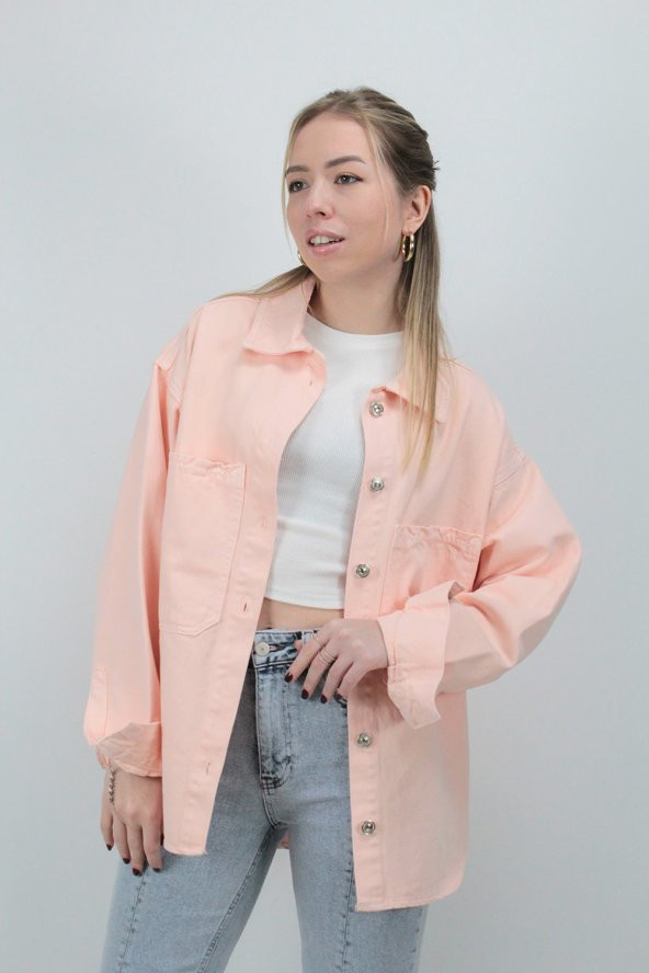 İki Cepli (Standart) Oversize Kot Ceket 6075 Somon - 3