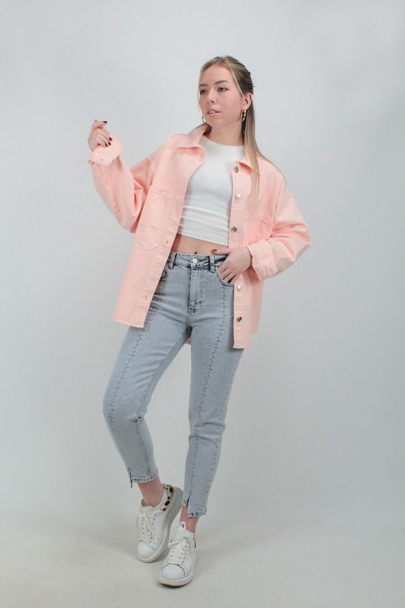 İki Cepli (Standart) Oversize Kot Ceket 6075 Somon - 4